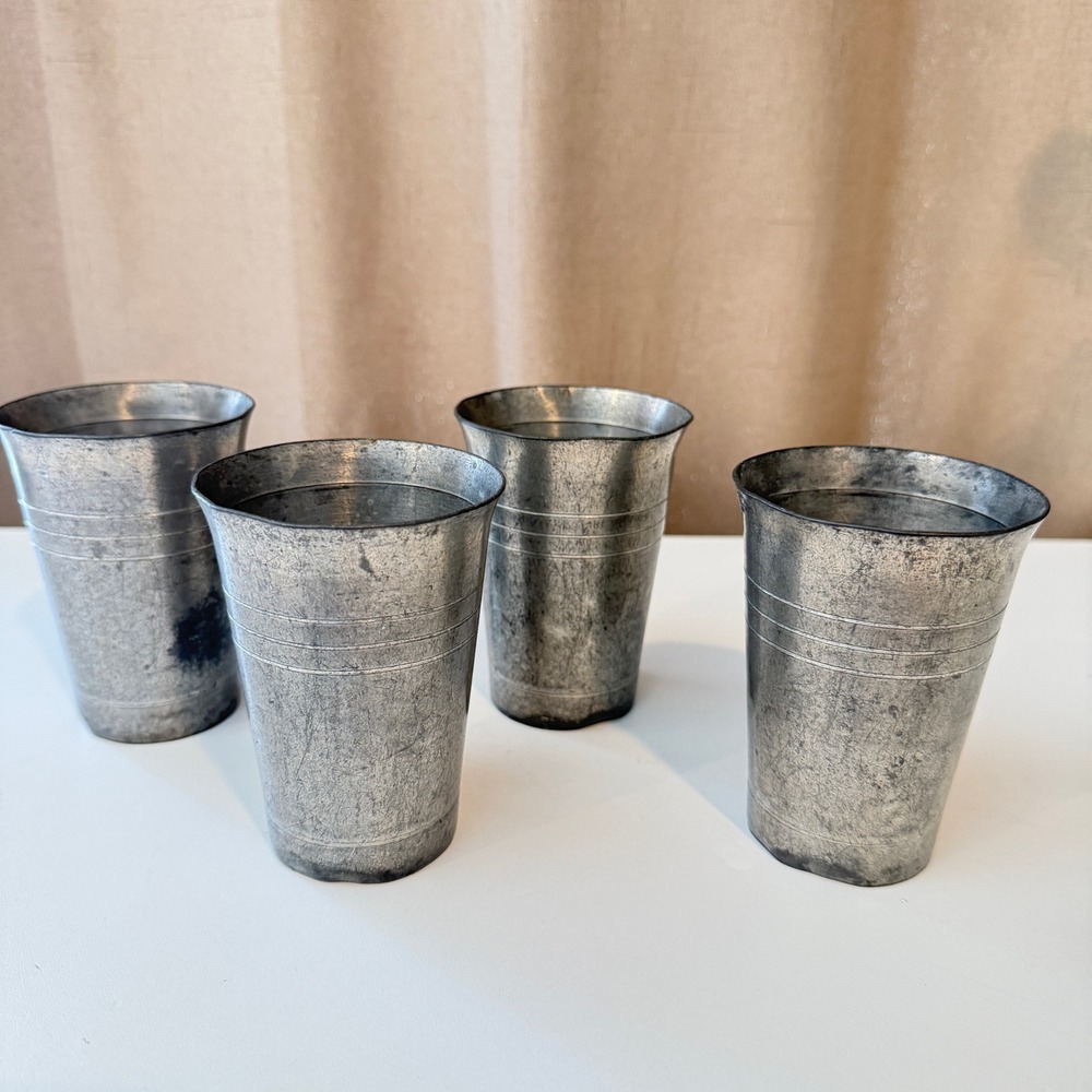Vintage Reiner Zinn German Pewter Beaker Tumbler Set of 4 Triple Banded Silver